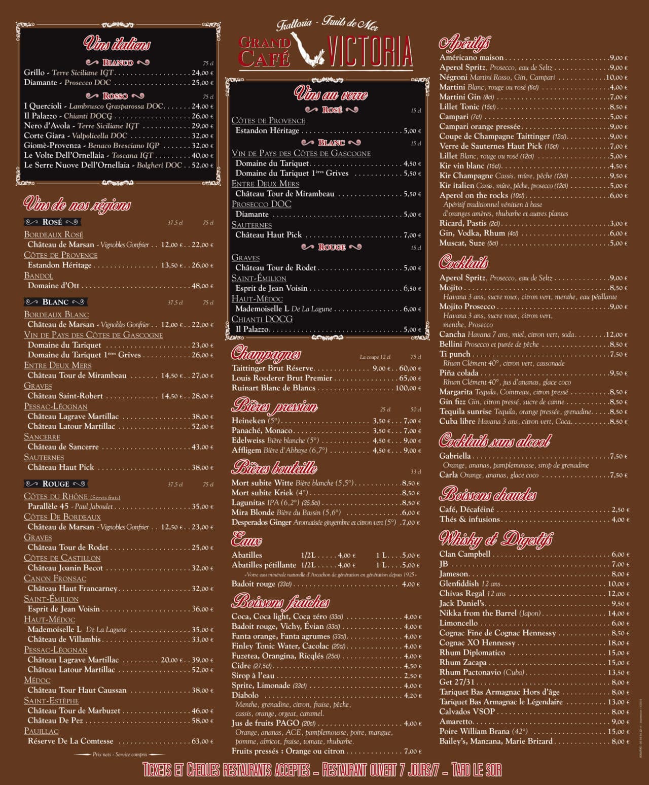 La carte du Grand Café Victoria, Trattoria et Fruits de